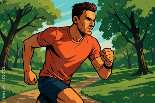 Focused Male Runner Training with Tracker in Scenic Park