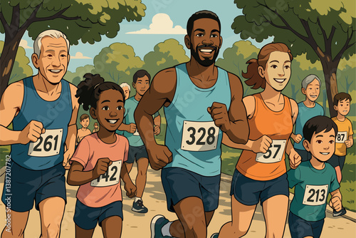 Community Runners of All Ages Competing in Friendly Outdoor Race