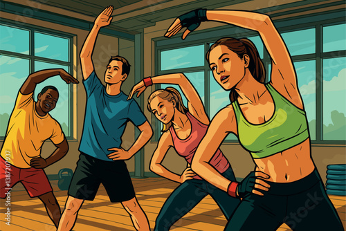 Group Fitness Class Performing Post-Workout Stretching Exercises Indoors