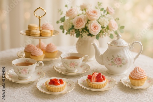 Elegant Afternoon Tea Setup With Desserts and Floral Centerpiece in Bright Se...