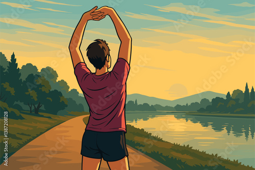 Person Stretching at Sunrise Near Water Before Peaceful Morning Jog