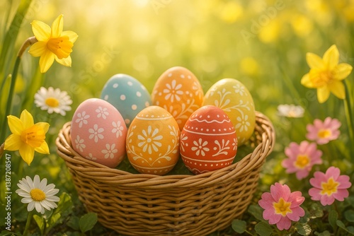 Colorful Easter Eggs in Woven Basket Surrounded by Blooming Flowers in Bright...