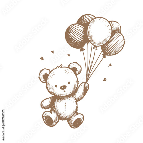 Cute teddy bear flying with balloons, naive pencil sketch style vector icon