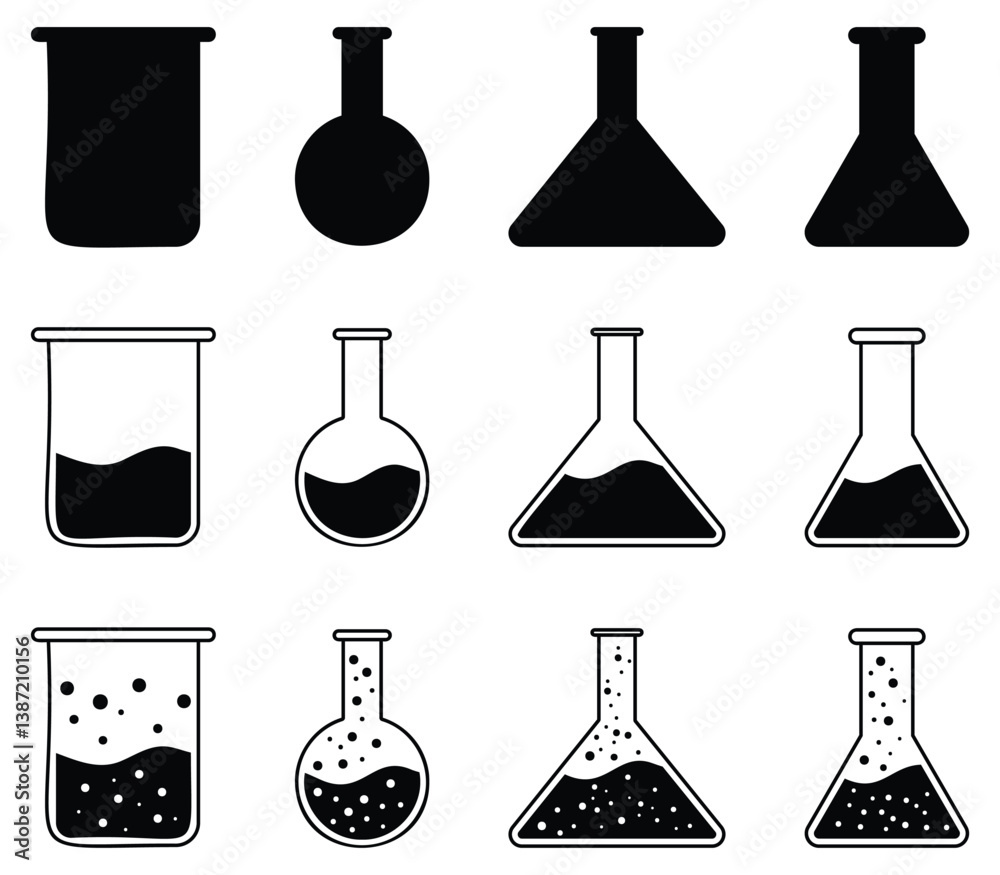 Chemical flask or erlenmeyer flask vector set, laboratory chemical glassware equipment, flat design illustration. Chemical flask or erlenmeyer flask vector set, laboratory chemical glassware equipment, flat design illustration.