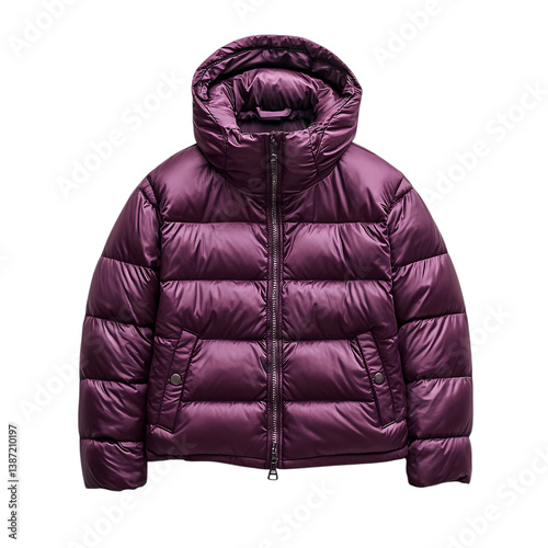 Quilted Puffer Jacket in Dark Purple with Detachable Feature Isolated on Transparent Background