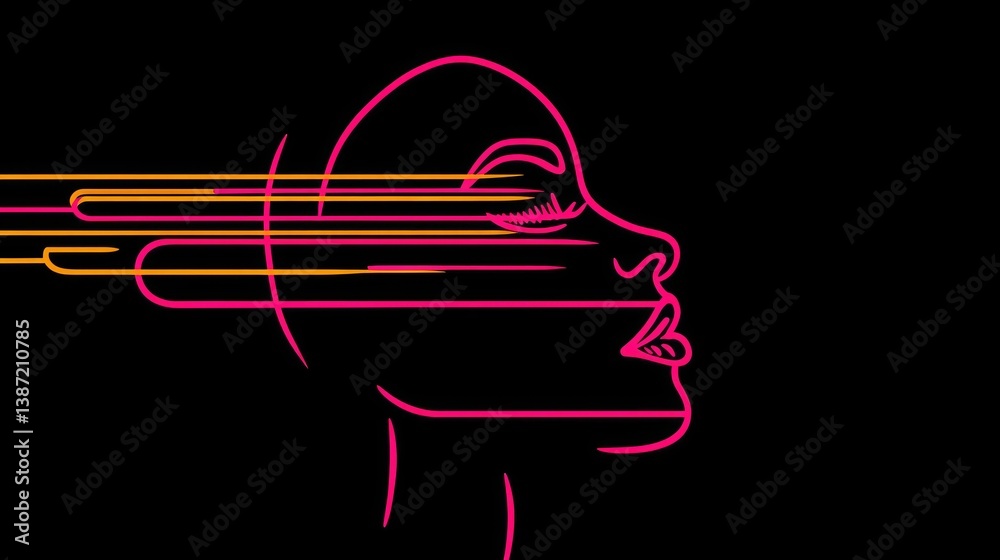Fototapeta premium Abstract Neon Line Art of Woman's Profile with Futuristic Elements on Black Background