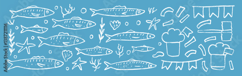 Fishes line doodle set. Santos Populares festival. Sardines hand drawn scribble. School of fish with algae, manjerico, party elements . Vector illustration. Crayon or chalk naive underwater life.