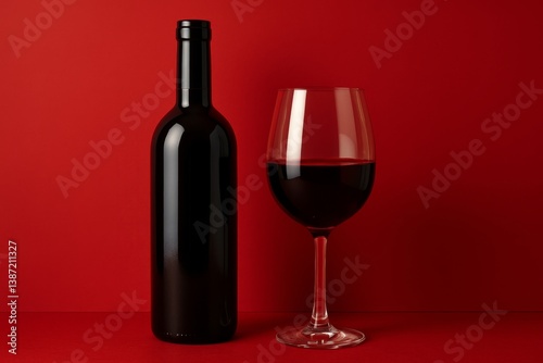 Elegant Red Wine Bottle and Glass Against a Striking Red Background for a Sop...