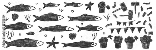 Fishes doodle set. Sardines hand drawn marker shapes. Santos populares festival set. Manjerico, fishes vector hand drawn Portugal traditional party elements.