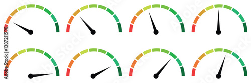 Colour speedometer set, tachometer, indicator icons, Performance measurement, Vector.