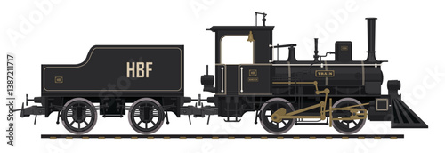 vector illustration of vintage railway steam locomotive with coal wagon in cartoon style