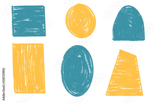 Kids geometric shapes set. Text boxes textured frames. Rounded and square figures. Vector hand drawn quotation stickers shapes. Trapezium blue and yellow grunge geometry callout design.