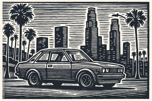 Woodcut style vector illustration. A classic sedan car driving on a street against the Los Angeles downtown skyline with tall buildings and palm trees.