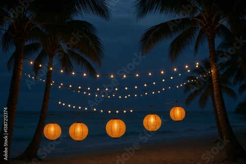Beautiful String Lights and Lanterns Illuminate a Beach Setting Under Palm Trees at Dusk