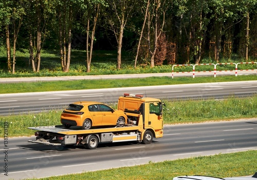 Obraz na płótnie Tow truck with car driving on empty road w salonie