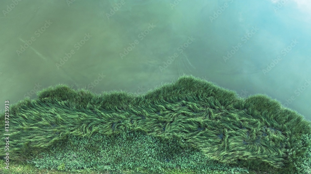 Top view of wetland grasses and plants