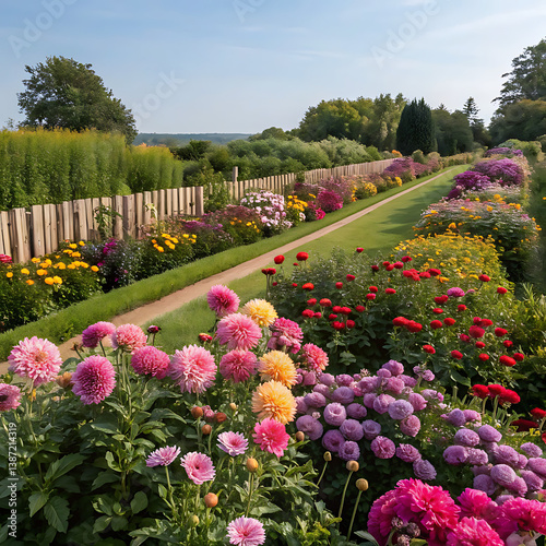 garden background, colorful flowers blooming in spring, beautiful flower garden view
