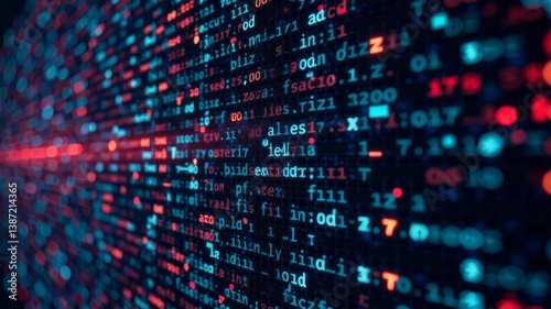 Abstract red and blue digital code on dark background representing cybersecurity.