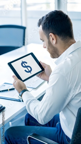 Man in white shirt holding tablet with dollar sign on screen in office setting near desk and chair