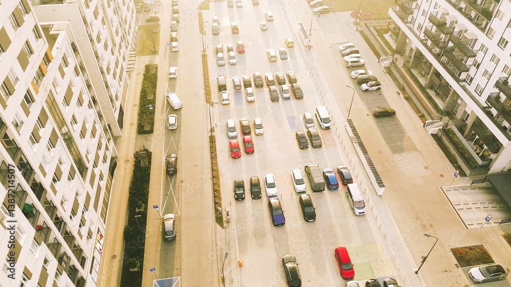 Top-down view of parked cars in city