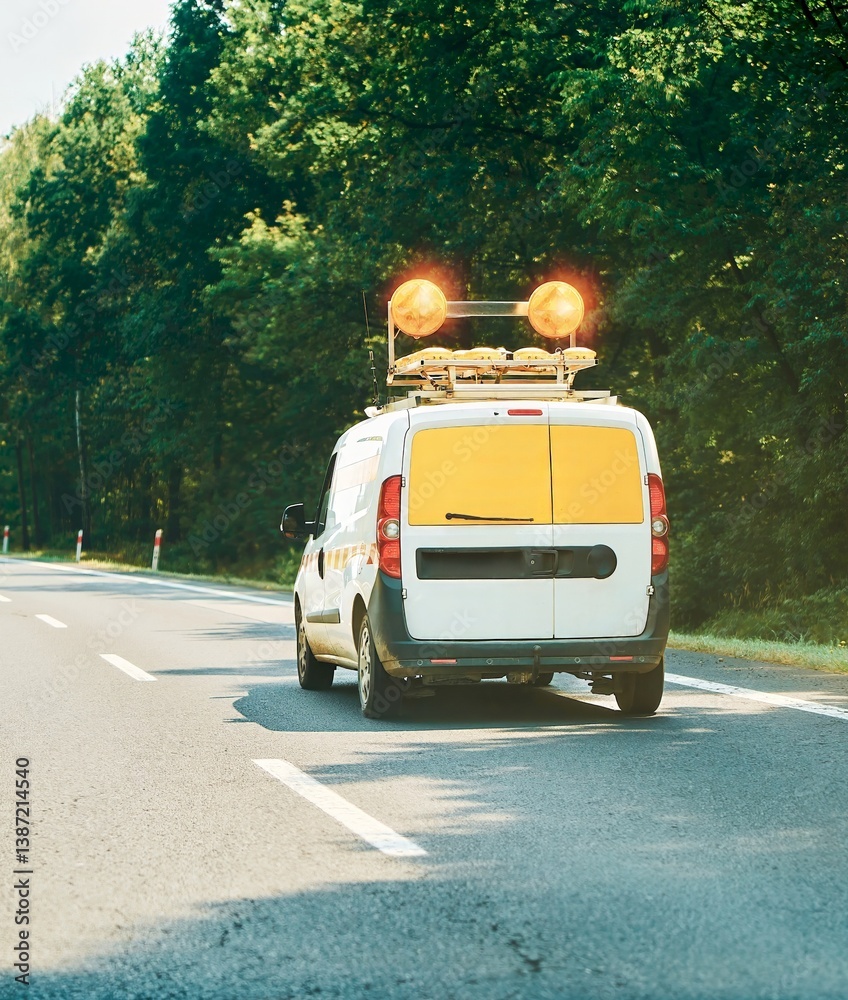 Traffic on forest road with service van
