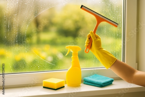 Bright Morning Cleaning With Yellow Gloves and Tools at Home