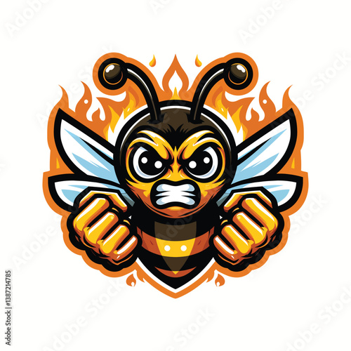 Cartoon Angry Bee Mascot with Fists Surrounded by Flames Illustration