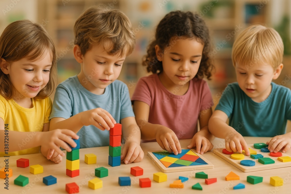 Children Engaging in Creative Play With Colorful Blocks and Puzzles at a Learning Center Children Engaging in Creative Play With Colorful Blocks and Puzzles at a Learning Center