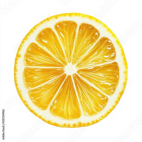 Freshly Cut Lemon Slice Showcasing Juicy Segments and Vibrant Yellow Color on White Background
