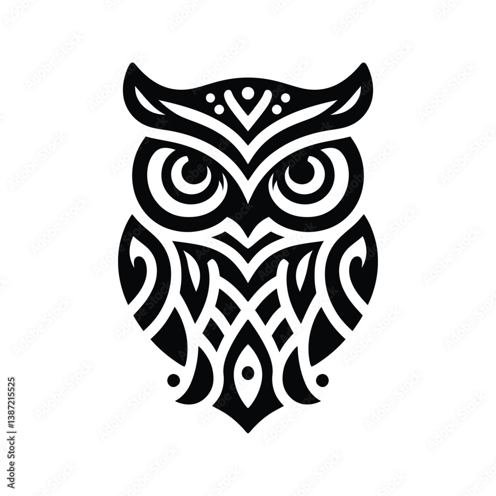 Obraz premium Stylized Owl Illustration with Tribal Design Elements in Black and White