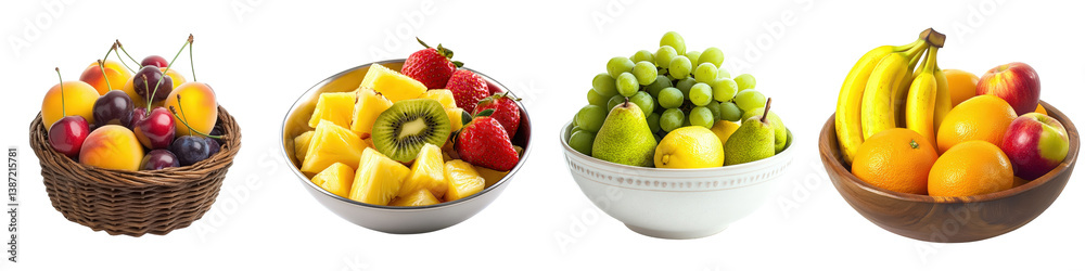 Four bowls overflowing with colorful fresh fruit. Four bowls overflowing with colorful fresh fruit.