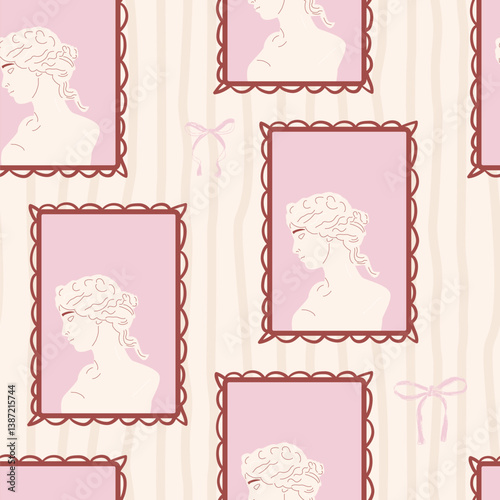 Greek statues portrait seamless pattern. Antique Roman face sculpture on retro frame endless aop background. Rococo surface pattern design vintage ancient motif. Vector hand drawn illustration.
