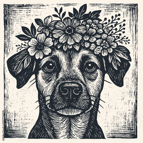 Woodcut style vector illustration. Cute dog portrait wearing an ornate floral crown wreath with various flowers and leaves. Vintage printmaking look.