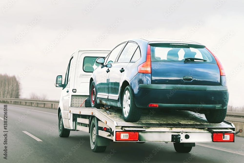 Damaged vehicle on flatbed tow truck