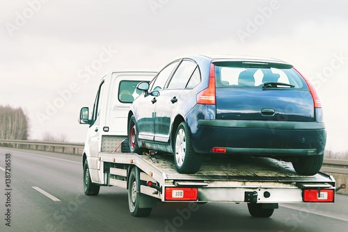 Obraz na płótnie Damaged vehicle on flatbed tow truck w salonie