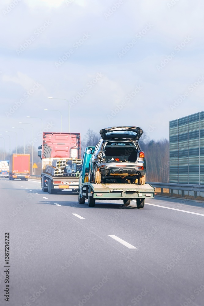 Tow truck loaded with accident-damaged SUV