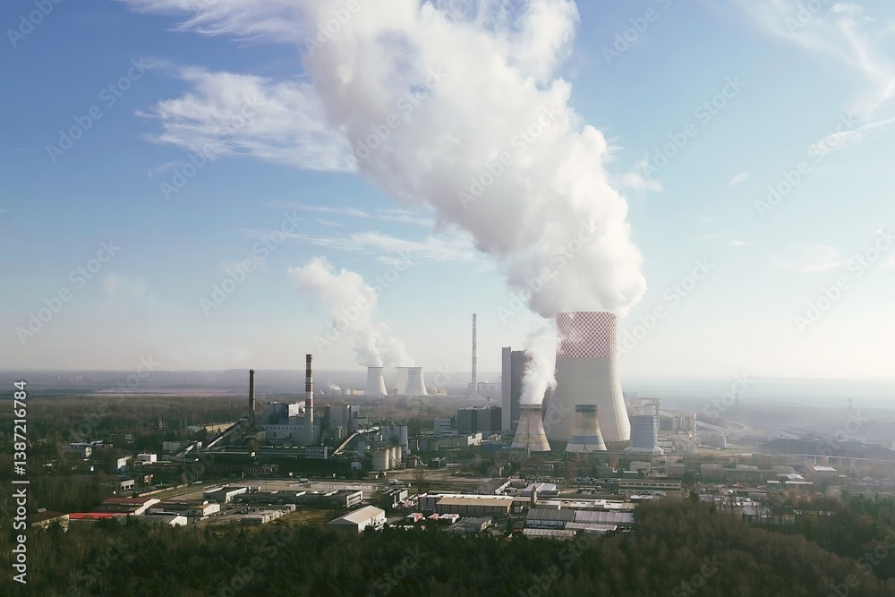 Industrial cooling towers releasing exhaust