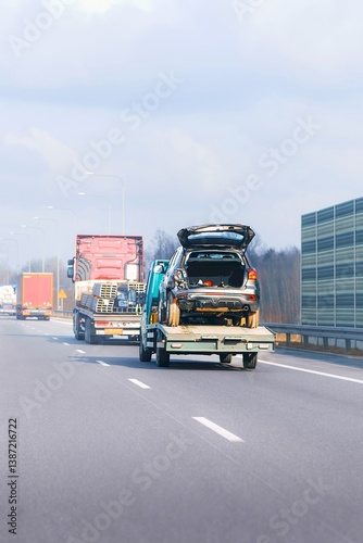 Obraz na płótnie Tow truck loaded with accident-damaged SUV w salonie