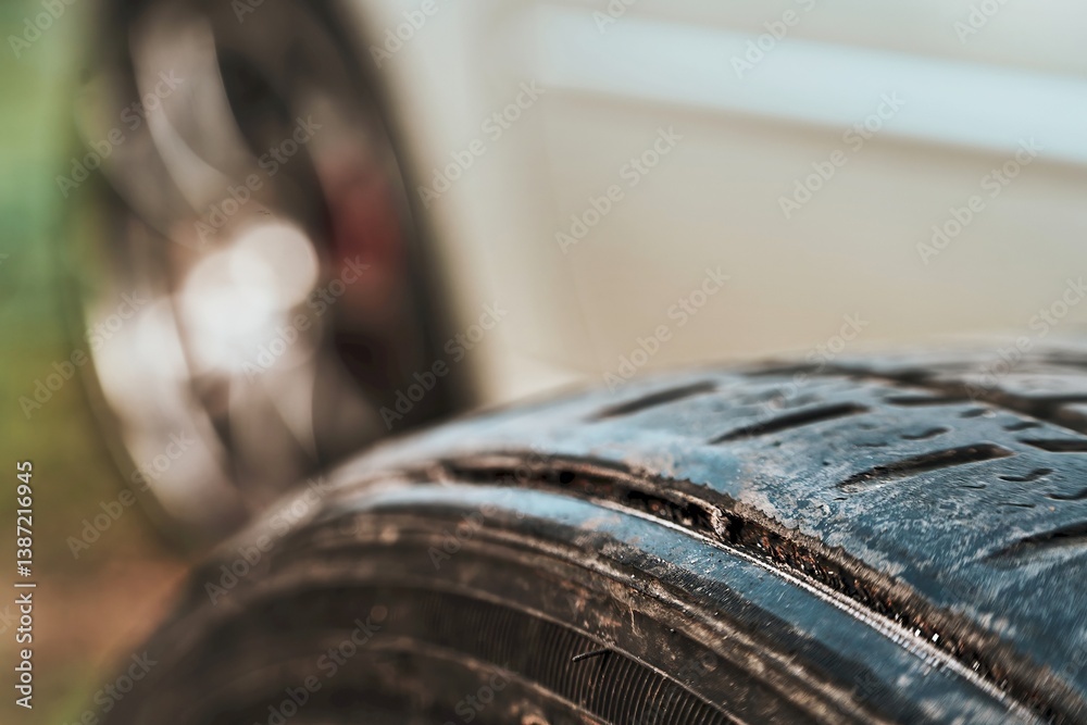 Close-up of worn car tire with damage