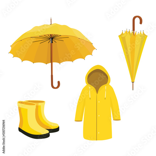 Yellow rain coat, umbrella and rubber boots