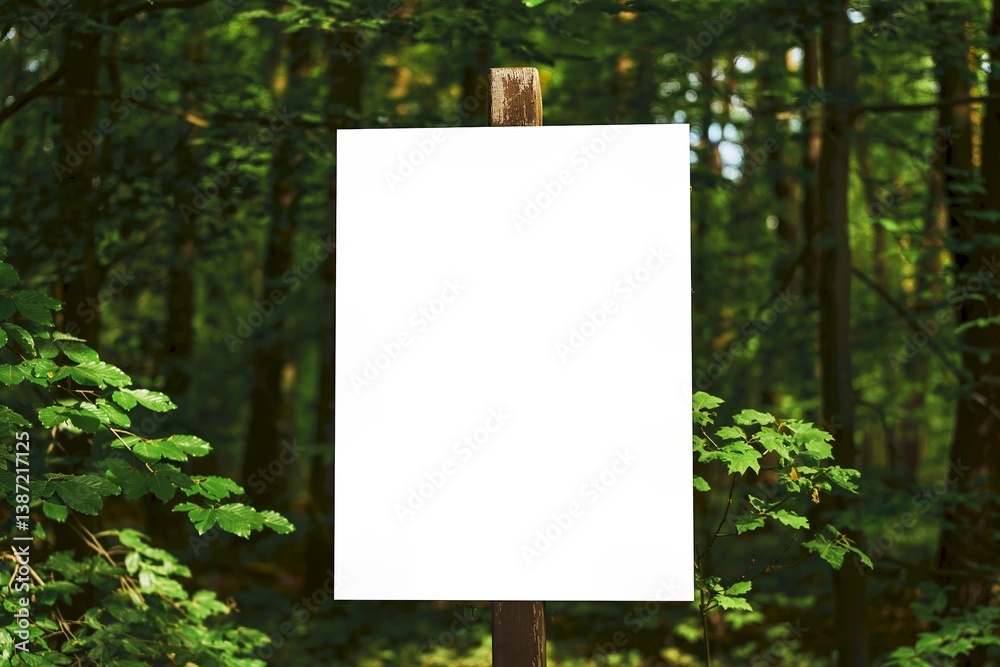 Blank white sign on wood pole in green forest with copyspace