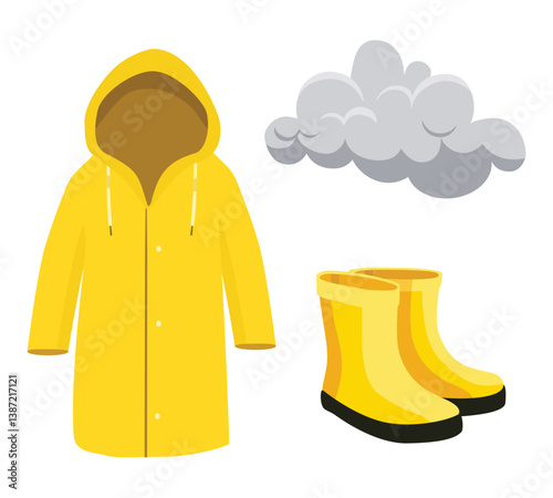 Yellow rain coat, rubber boots and grey rainy cloud