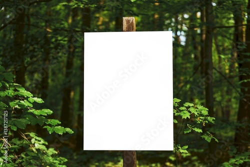 Obraz na płótnie Blank white sign on wood pole in green forest with copyspace w salonie
