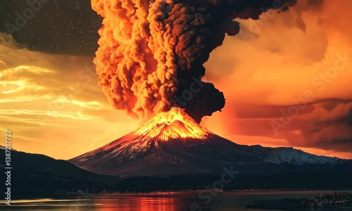 Volcano eruption sunset lake