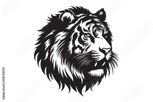 Majestic Tiger Portrait: A striking monochrome illustration of a powerful tiger, its piercing gaze and intricate fur pattern commanding attention.