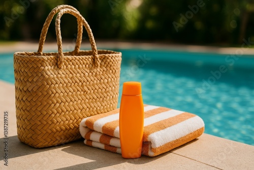 Relaxation Setup by the Pool With Towels and Sunscreen on a Sunny Day