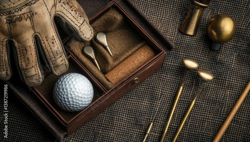 Vintage golf accessories flat lay  distressed glove, brass divot tool, and cork lined box on tweed