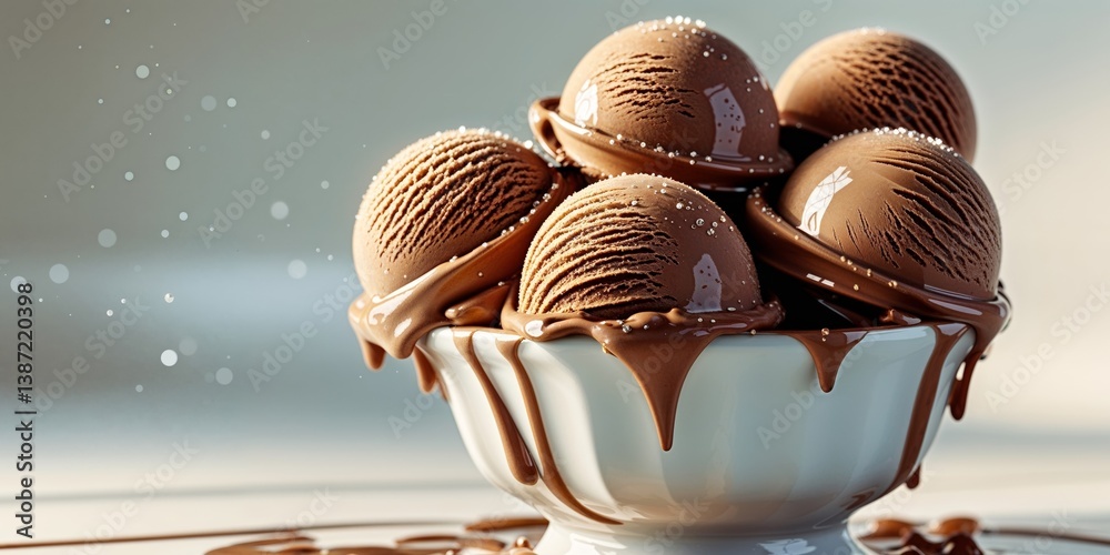 Fototapeta premium Creamy Chocolate Ice Cream Scoops in a White Bowl on a Clean Background.