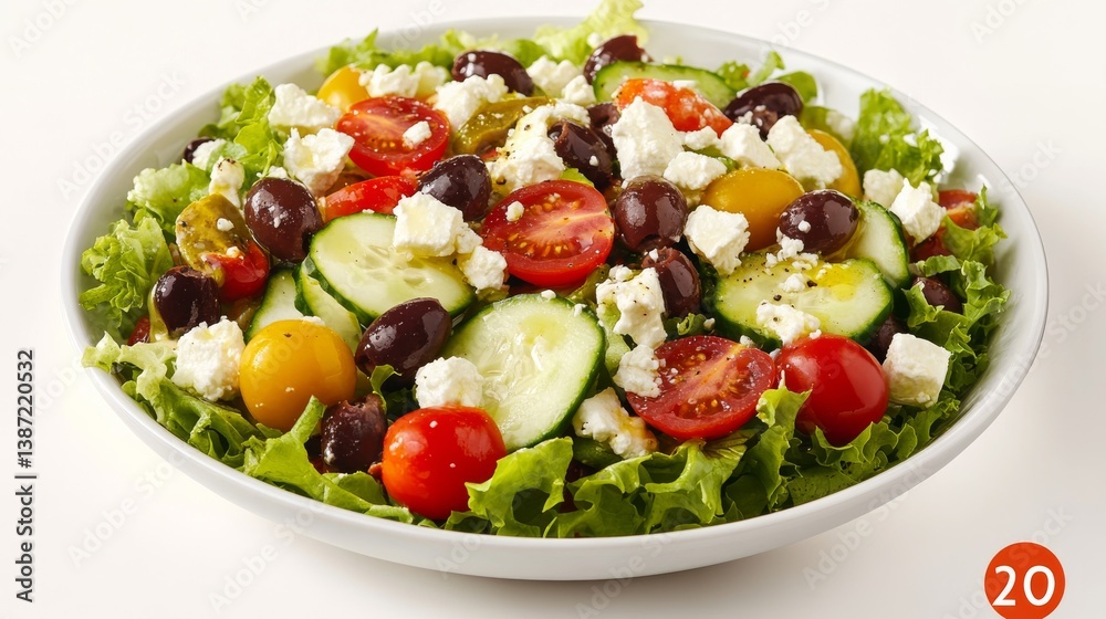 A colorful and fresh Greek salad with olives and feta. Featuring brightness and flavor A colorful and fresh Greek salad with olives and feta. Featuring brightness and flavor
