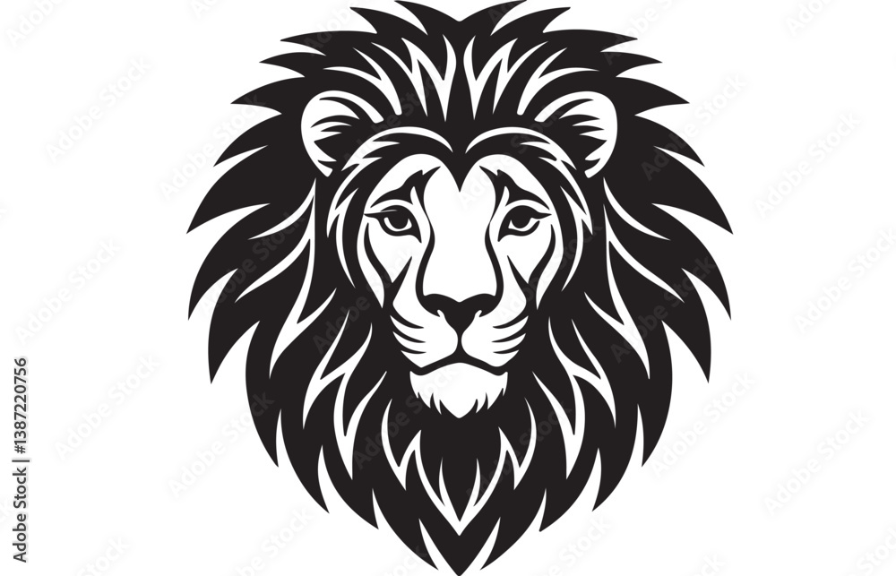 Obraz premium Lion Head Portrait: This iconic black and white illustration of a lion's face, showcasing the king of the jungle's strength, majesty and power, is a symbol of leadership, courage and determination.